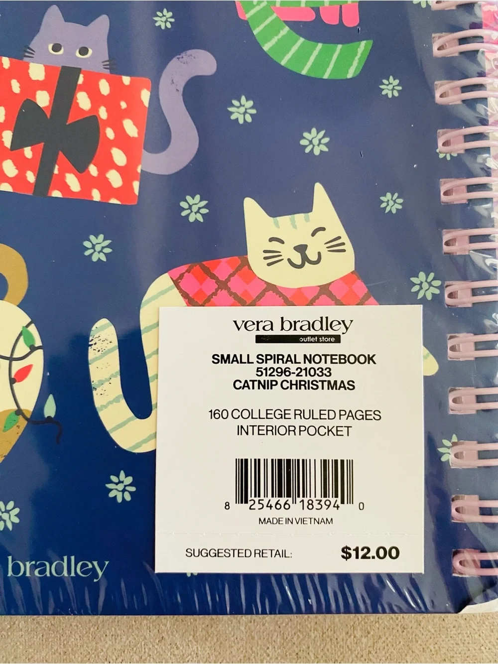 Vera Bradley Small Spiral Notebook NWT Catnip Christmas.  160 pages